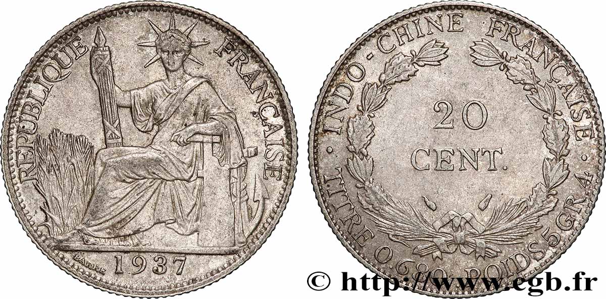 INDOCHINE FRANÇAISE 20 Centièmes 1937 Paris TTB+ 