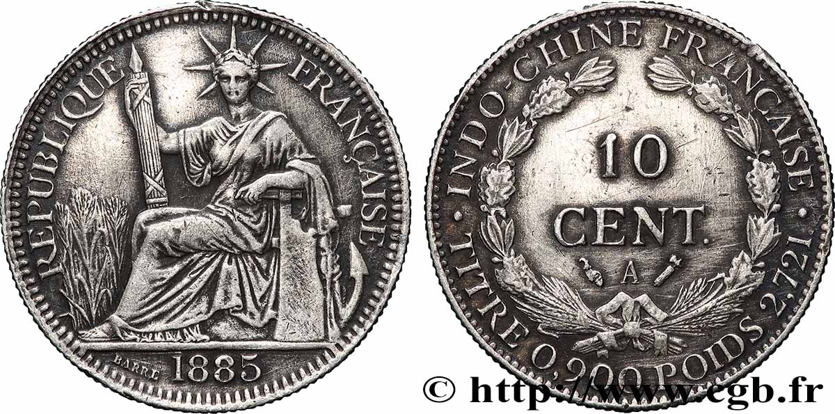 FRENCH INDOCHINA 10 Centièmes 1885 Paris XF 