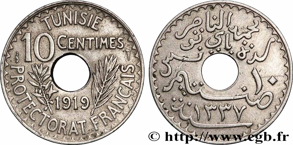 TUNISIA - Protettorato Francese 10 Centimes AH 1337 1919 Paris BB 