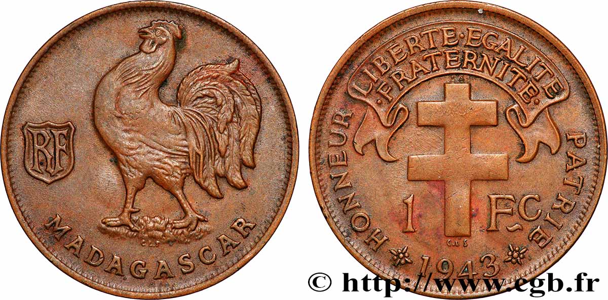 ÎLE DE MADAGASCAR - France Libre 1 Franc 1943 Prétoria TTB 