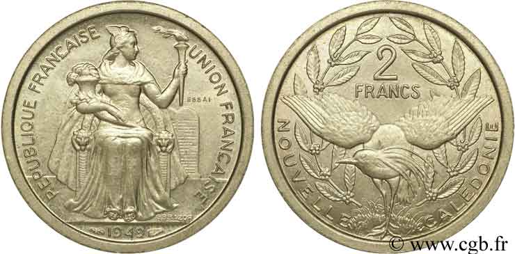 NUEVA CALEDONIA 2 francs ESSAI 1949 Paris SC 