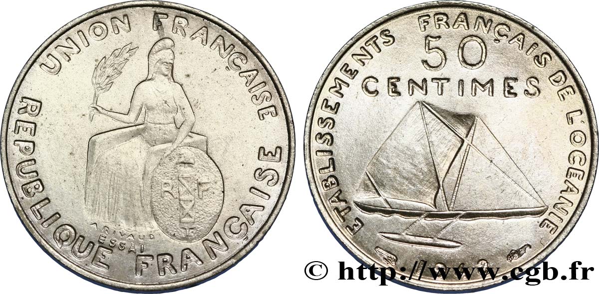 FRENCH POLYNESIA - Oceania Francesa Essai de 50 Centimes type avec listel en relief 1948 Paris SC 