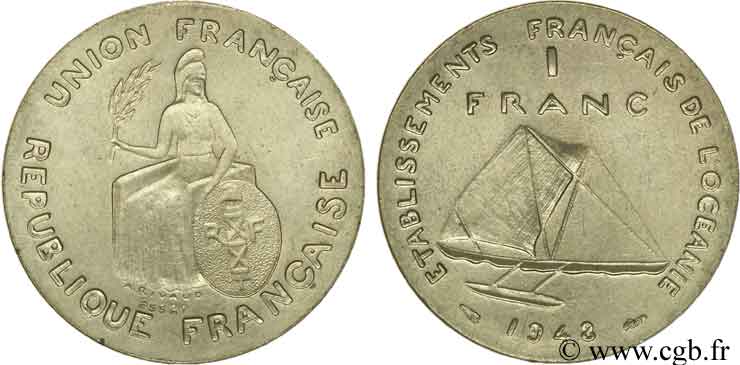 POLINESIA FRANCESE - Oceania Francese 1 Franc ESSAI type sans listel 1948 Paris SPL 