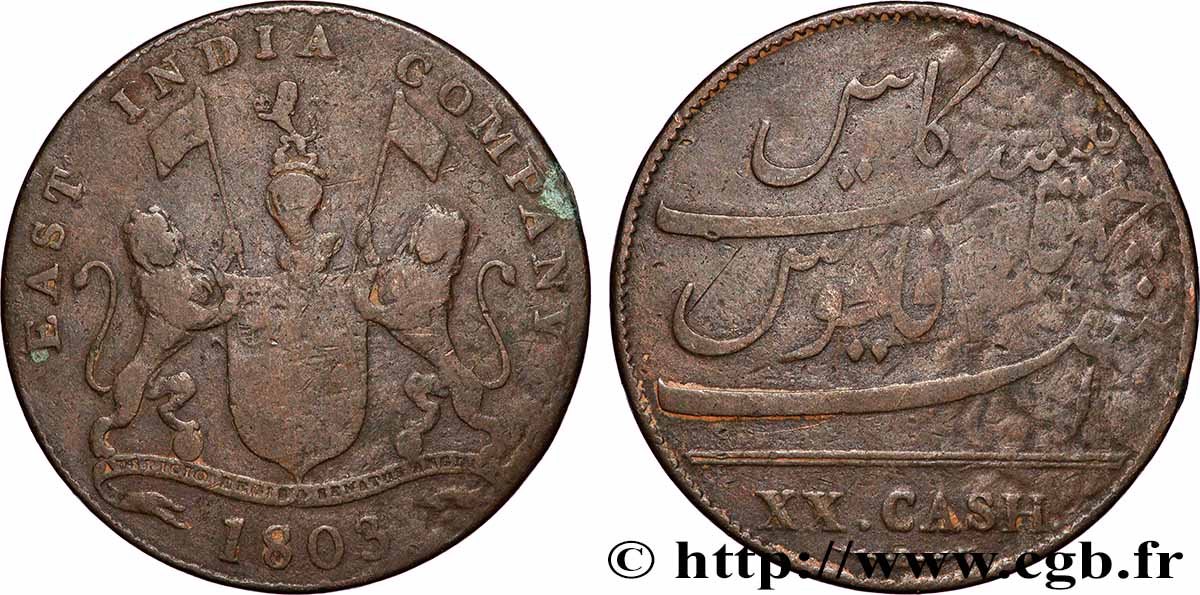 ISOLA DE FRANCIA (MAURITIUS) XX (20) Cash East India Company 1803 Madras MB 