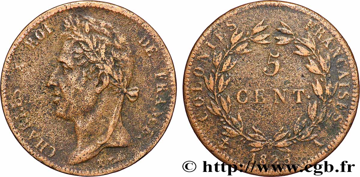 FRENCH COLONIES - Charles X, for Guyana and Senegal 5 Centimes Charles X 1825 Paris - A VF 