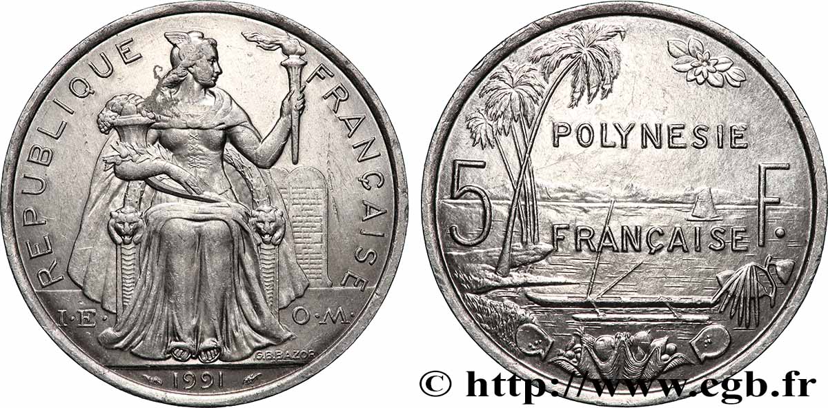 FRENCH POLYNESIA 5 Francs I.E.O.M. Polynésie Française 1991 Paris AU 