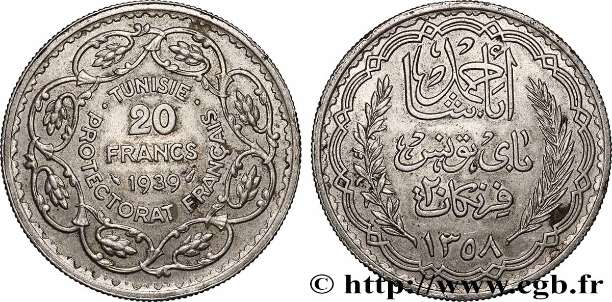 TUNESIEN - Französische Protektorate  20 Francs au nom du  Bey Ahmed an 1358 1939 Paris fVZ 