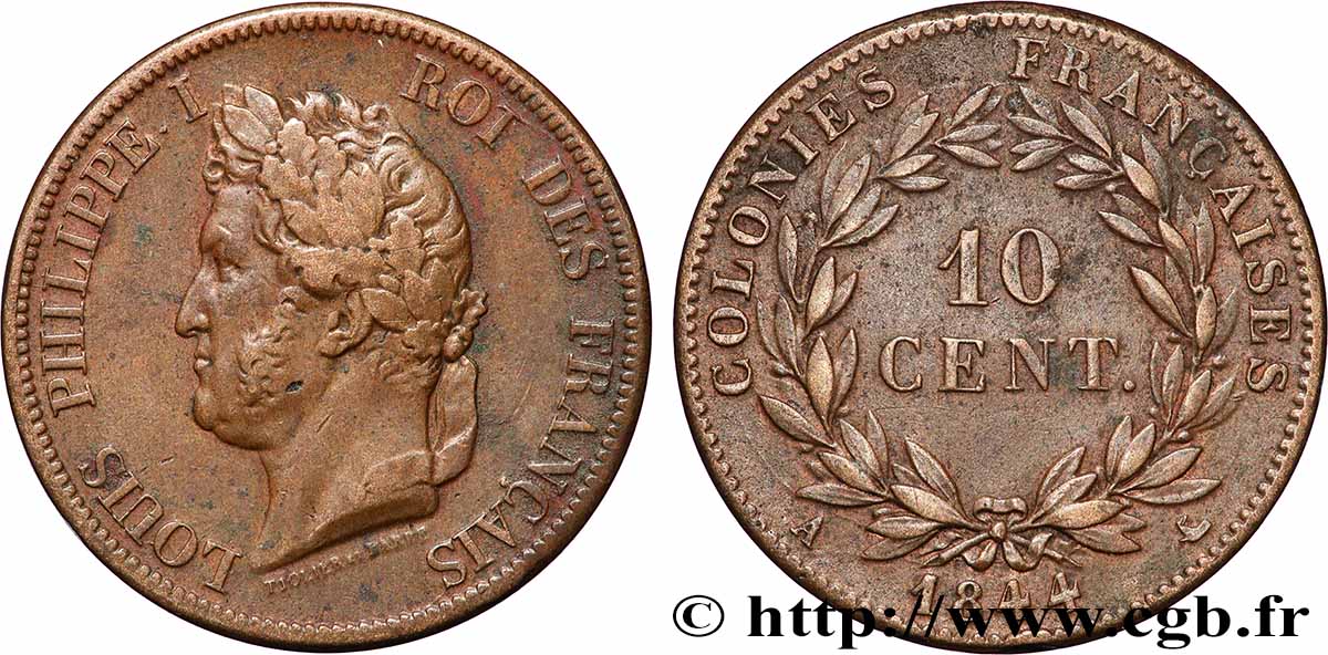 COLONIES FRANÇAISES - Louis-Philippe pour la Guadeloupe 10 Centimes 1844 Paris TTB 