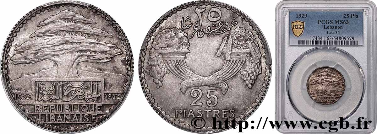 III REPUBLIC - LEBANON 25 Piastres Cèdre du Liban 1929 Paris MS63 PCGS