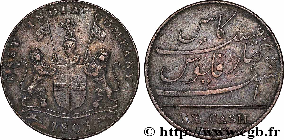 ILE DE FRANCE (MAURITIUS) XX (20) Cash East India Company 1803 Madras XF 