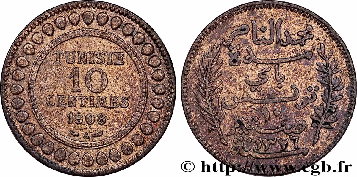 TUNISIA - Protettorato Francese 10 Centimes AH1326 1908 Paris BB 