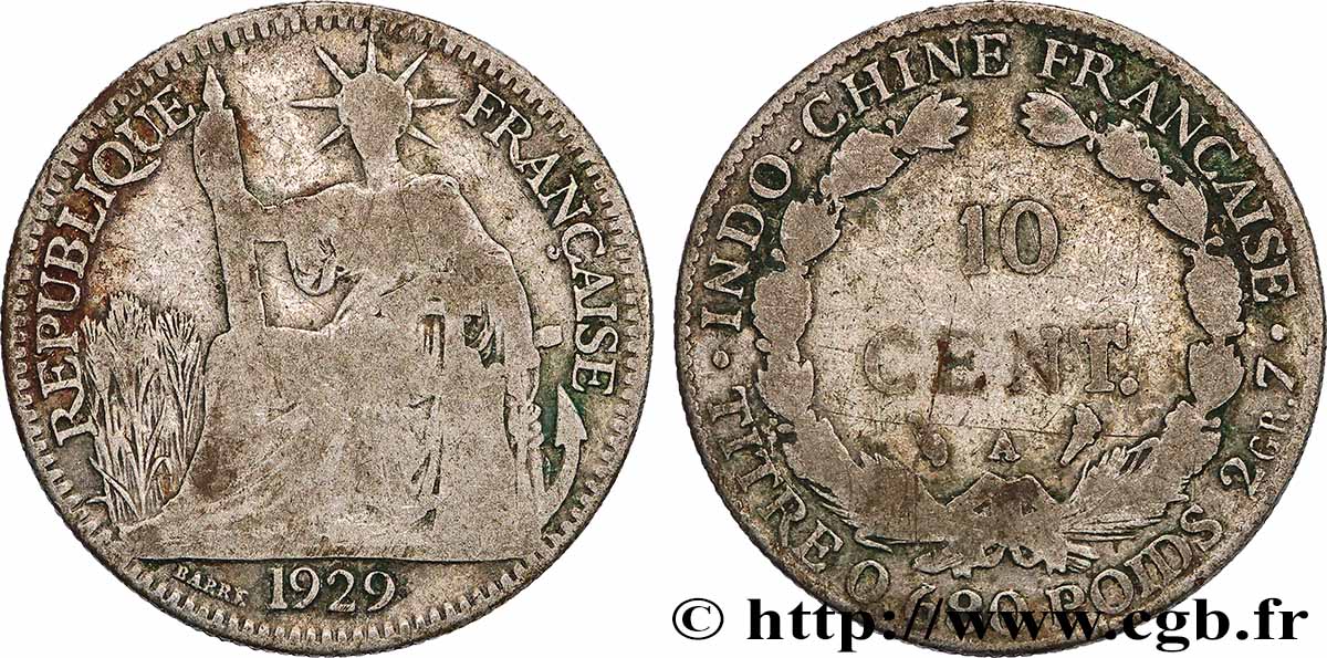 INDOCINA FRANCESE 10 Centièmes 1929 Paris MB 