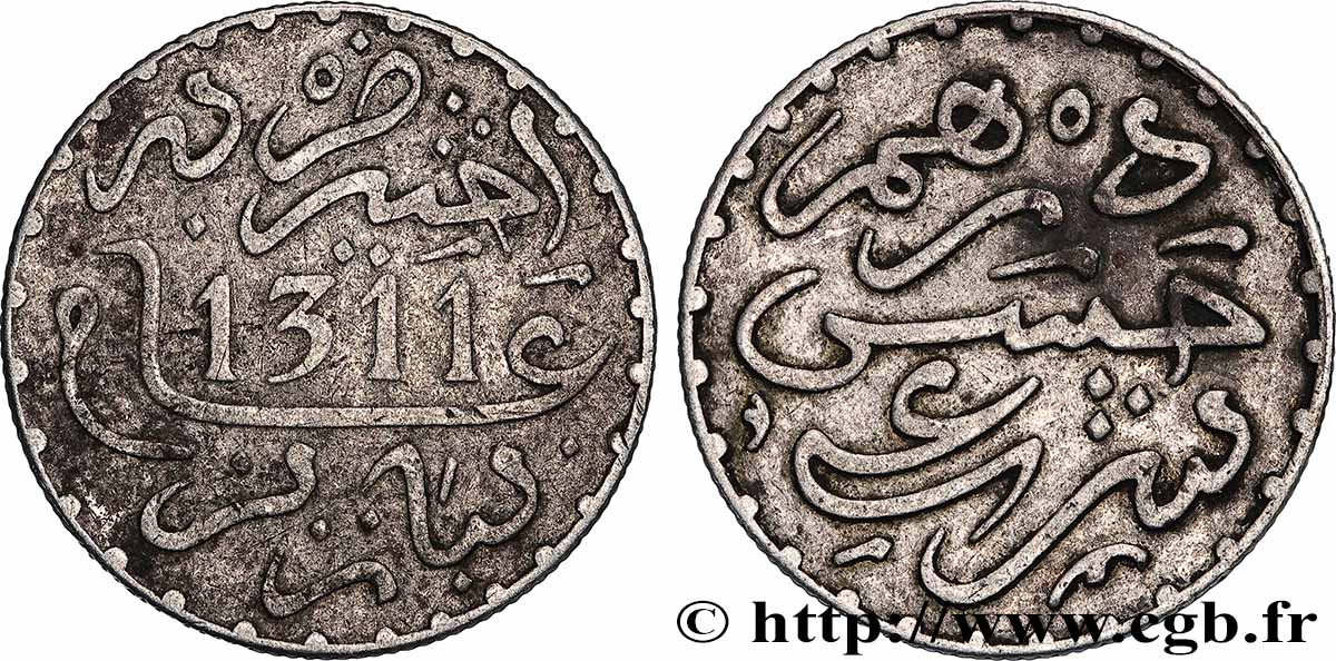MAROCCO 1 Dirham Hassan I an 1311 1893 Paris BB 