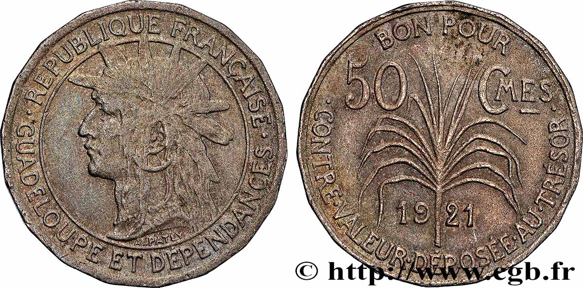 GUADELOUPE Bon pour 50 Centimes indien caraïbe / canne à sucre 1921  fSS 