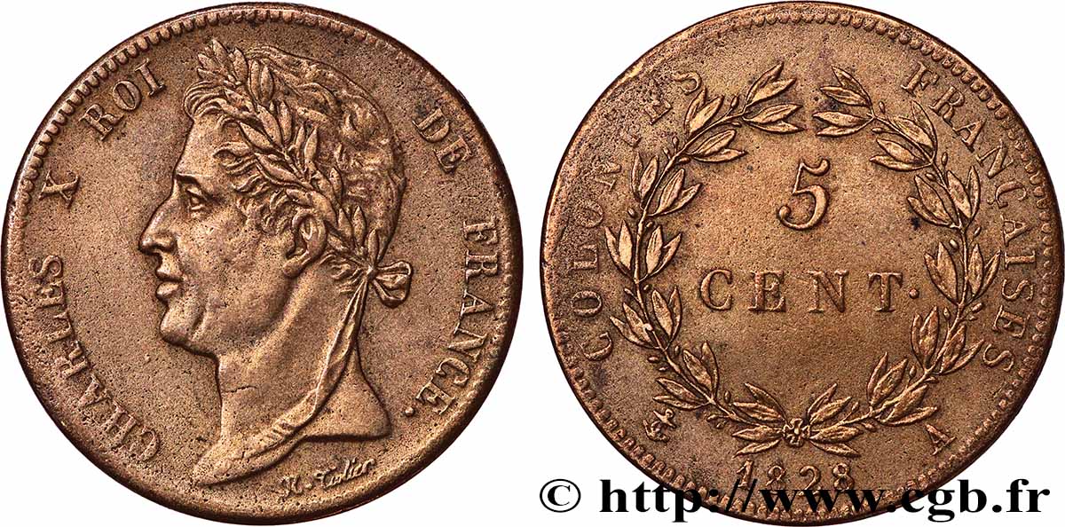 COLONIE FRANCESI - Carlo X, per Guyana 5 Centimes Charles X 1828 Paris - A BB 