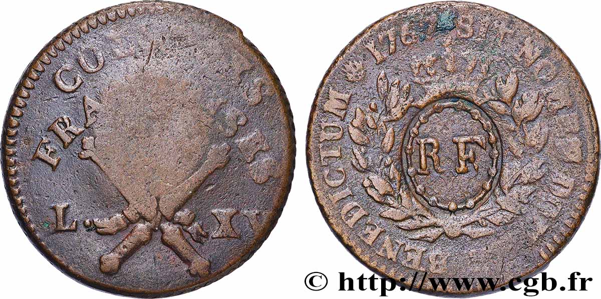 LOUIS XV THE BELOVED 3 Sous 9 Deniers ou 1/4 d’esqualin contremarqué RF 1767 Paris VF 