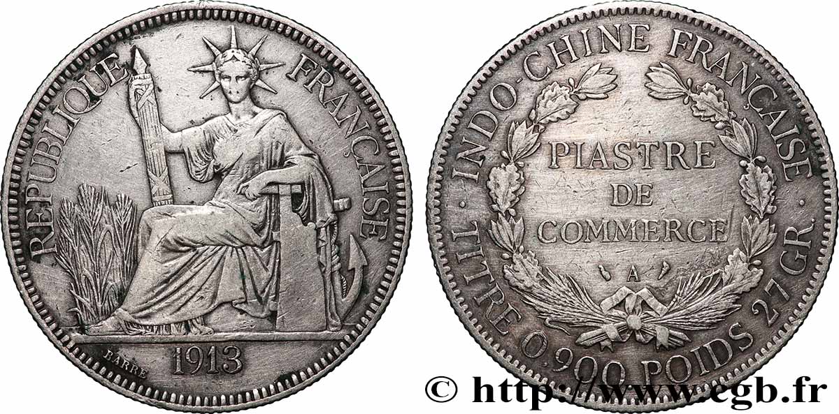 INDOCHINE FRANÇAISE 1 Piastre de Commerce 1913 Paris TTB+ 