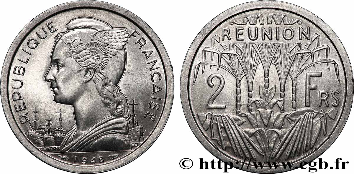 REUNION 2 Francs 1948 Paris MS 