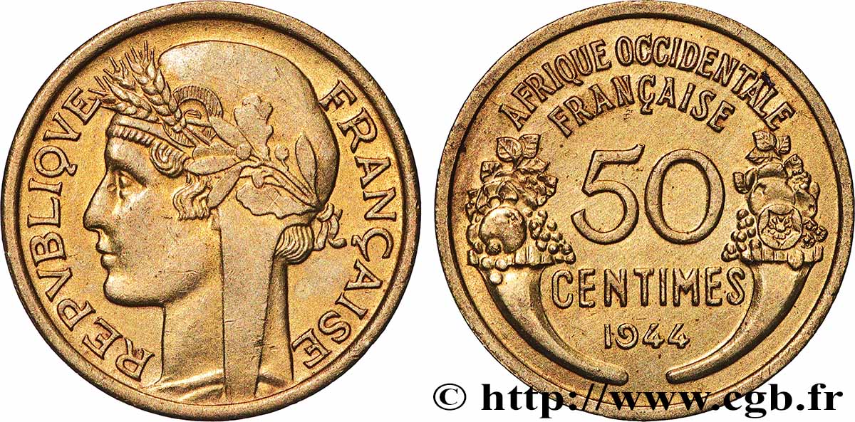 FRANZÖSISCHE WESTAFRIKA 50 Centimes Morlon 1944 Londres VZ 