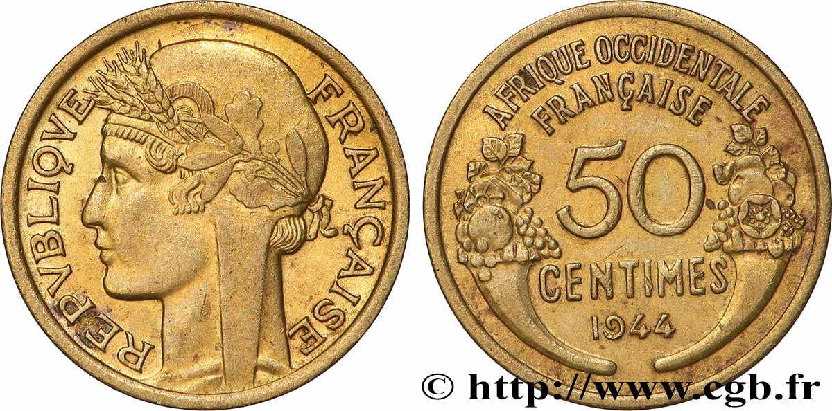 FRANZÖSISCHE WESTAFRIKA 50 Centimes Morlon 1944 Londres VZ 