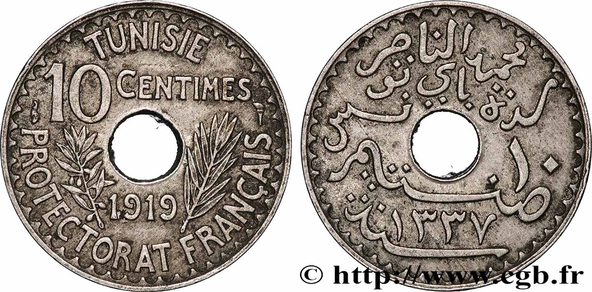 TUNISIA - FRENCH PROTECTORATE 10 Centimes AH 1337 1919 Paris XF 