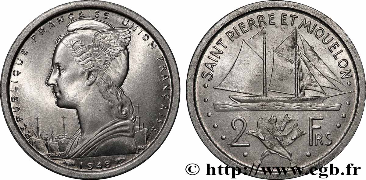SAINT PIERRE AND MIQUELON 2 Francs Union Française 1948 Paris AU 