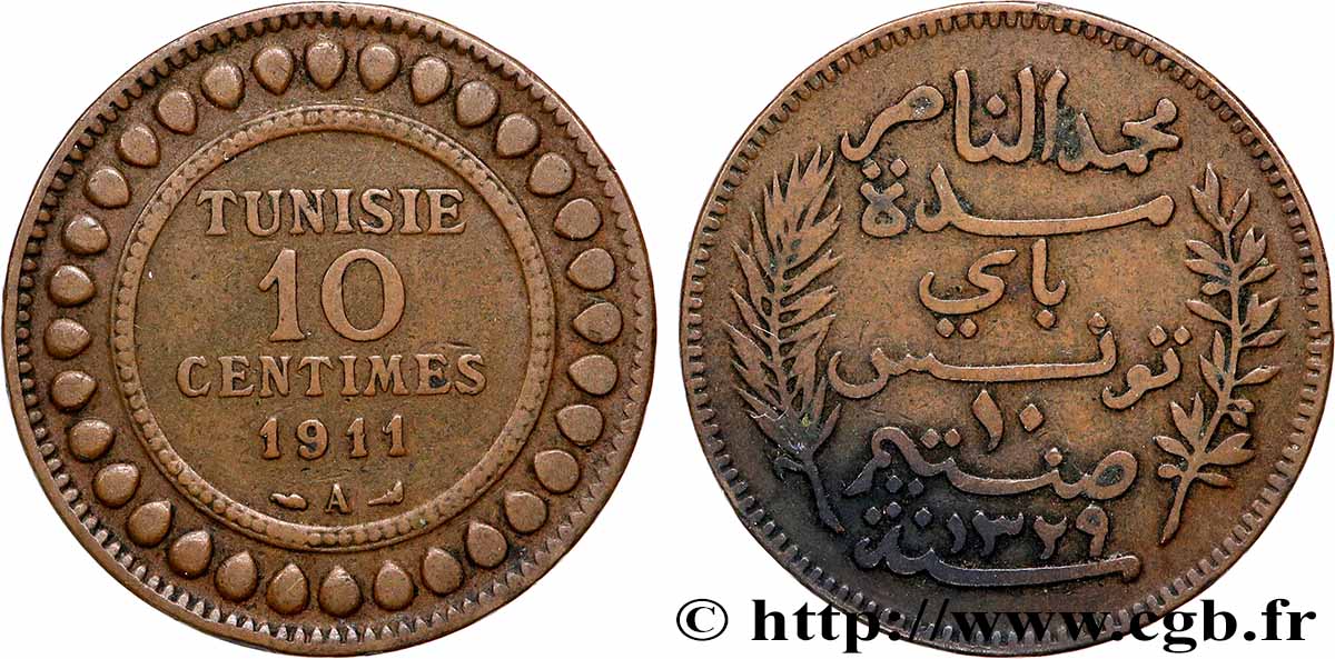TUNISIA - Protettorato Francese 10 Centimes AH1329 1911 Paris BB 