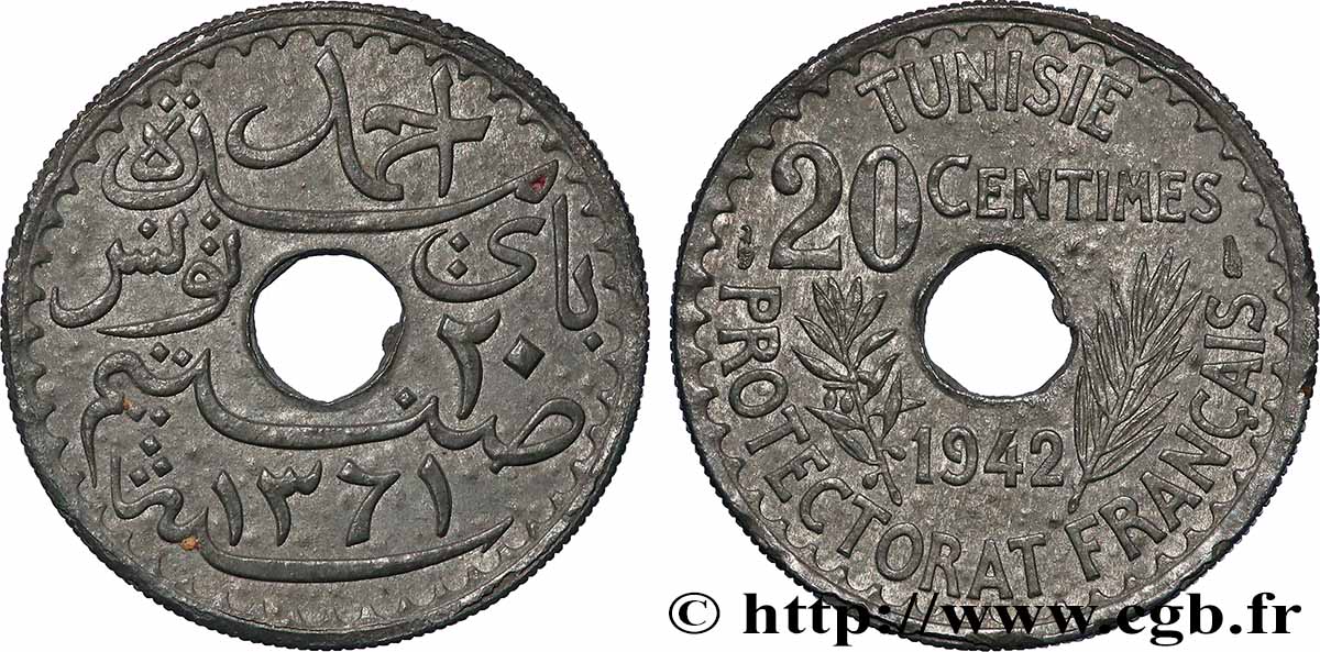 TUNISIE - PROTECTORAT FRANÇAIS 20 Centimes 1942 Paris TTB+ 