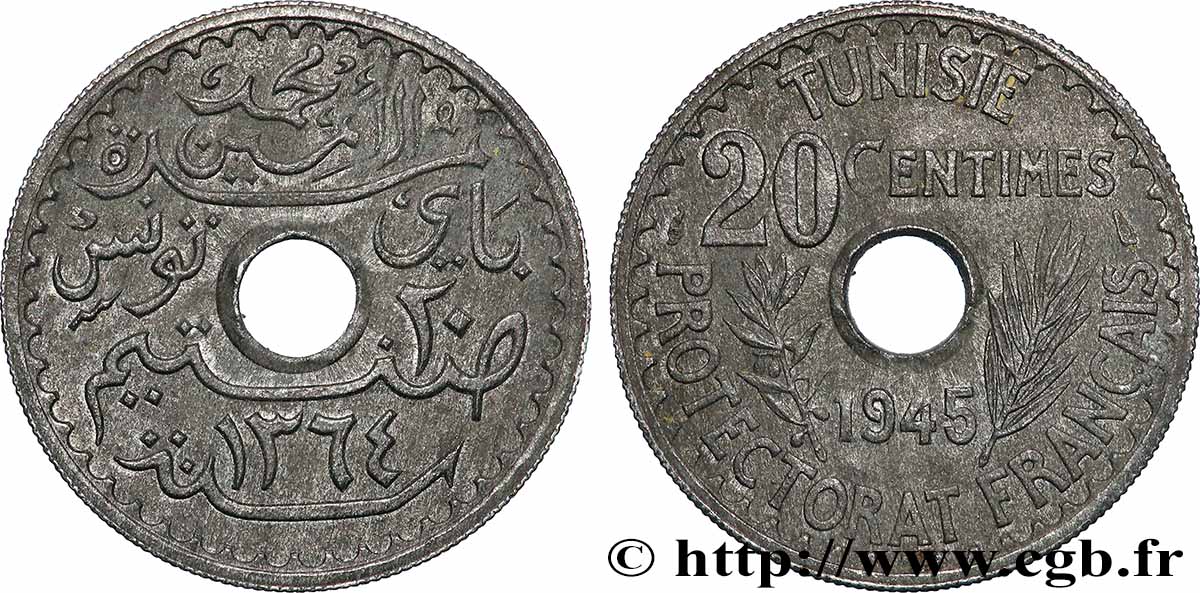 TUNISIE - PROTECTORAT FRANÇAIS 20 Centimes ah 1264 1945 Paris TTB+ 