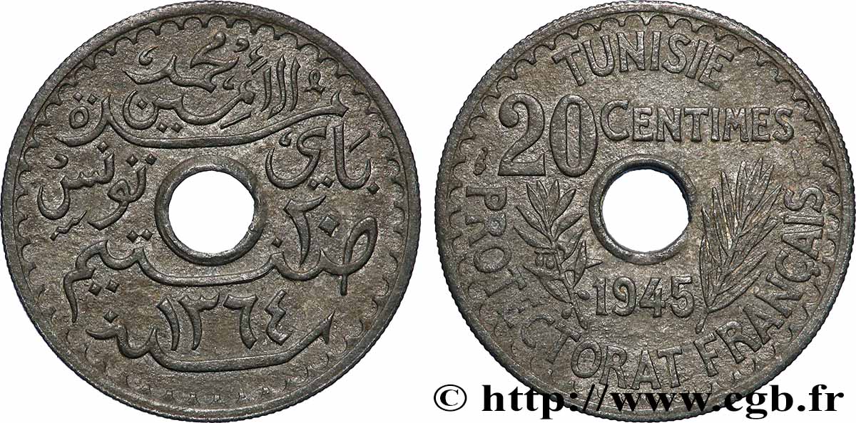 TUNISIE - PROTECTORAT FRANÇAIS 20 Centimes ah 1264 1945 Paris TTB+ 