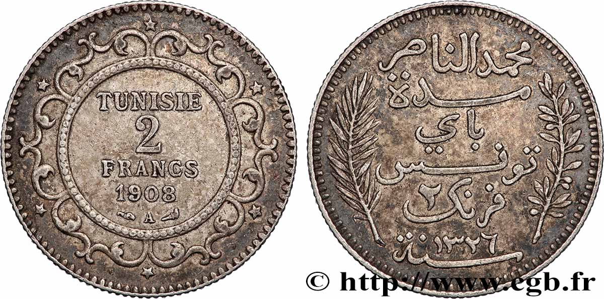 TUNISIE - PROTECTORAT FRANÇAIS 2 Francs AH1326 1908 Paris - A TTB+ 