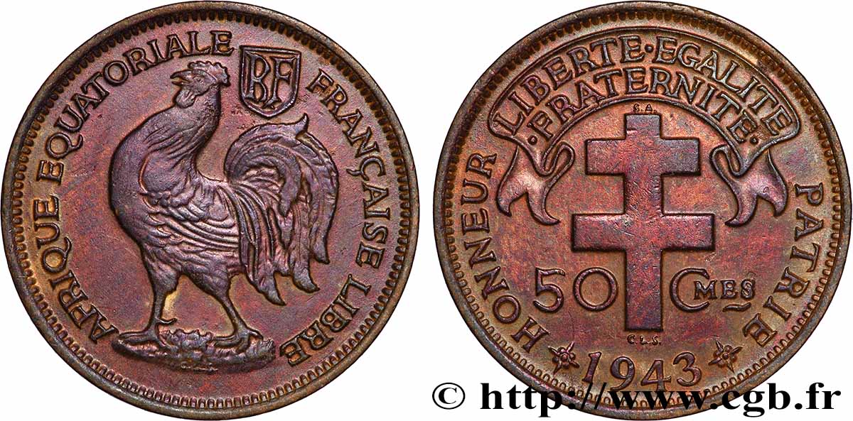 FRENCH EQUATORIAL AFRICA - FREE FRENCH FORCES 50 Centimes 1943 Prétoria AU 
