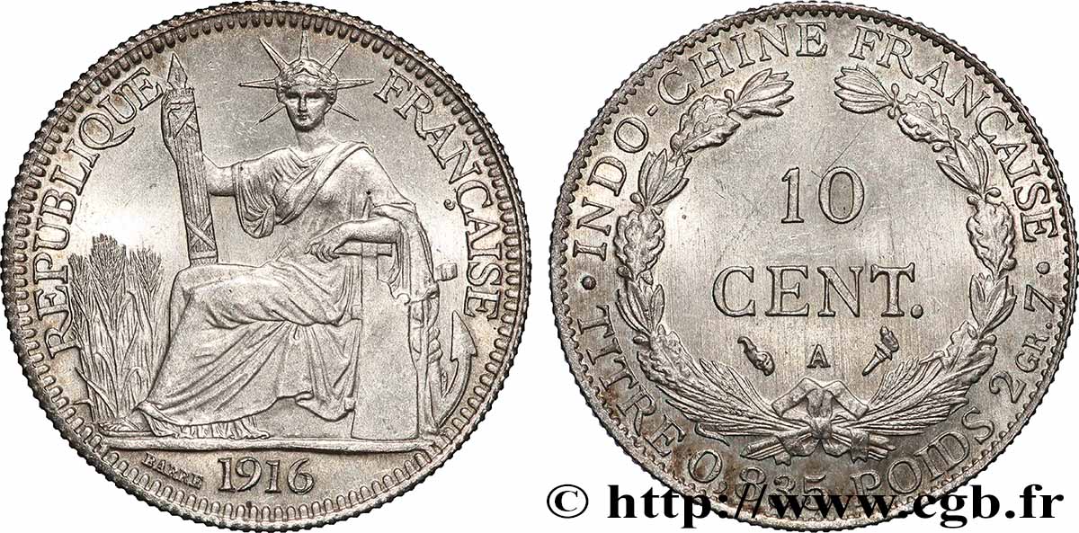 INDOCHINE FRANÇAISE 10 Centièmes 1916 Paris SUP 