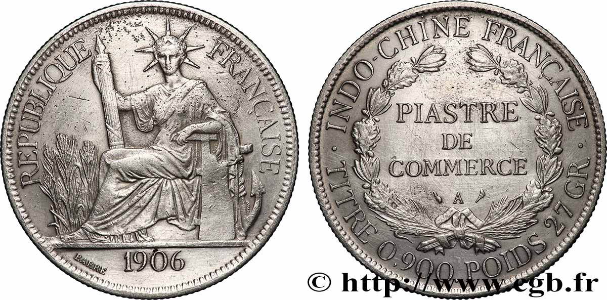 FRENCH INDOCHINA 1 Piastre de Commerce 1906 Paris XF 