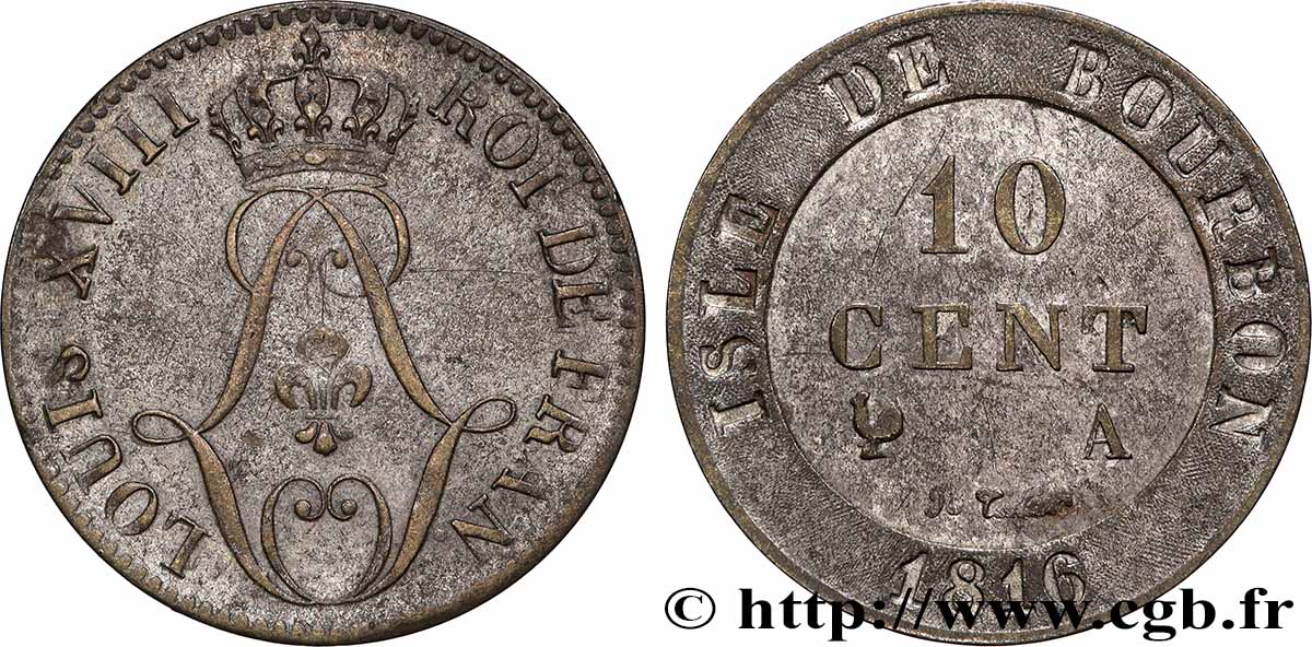 ILES DE BOURBON (ÎLE DE LA RÉUNION) 10 Cent. 1816  VF 