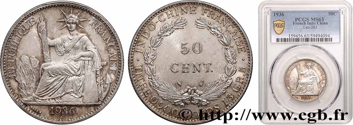 INDOCHINE FRANÇAISE 50 Centièmes 1936 Paris SPL63 PCGS