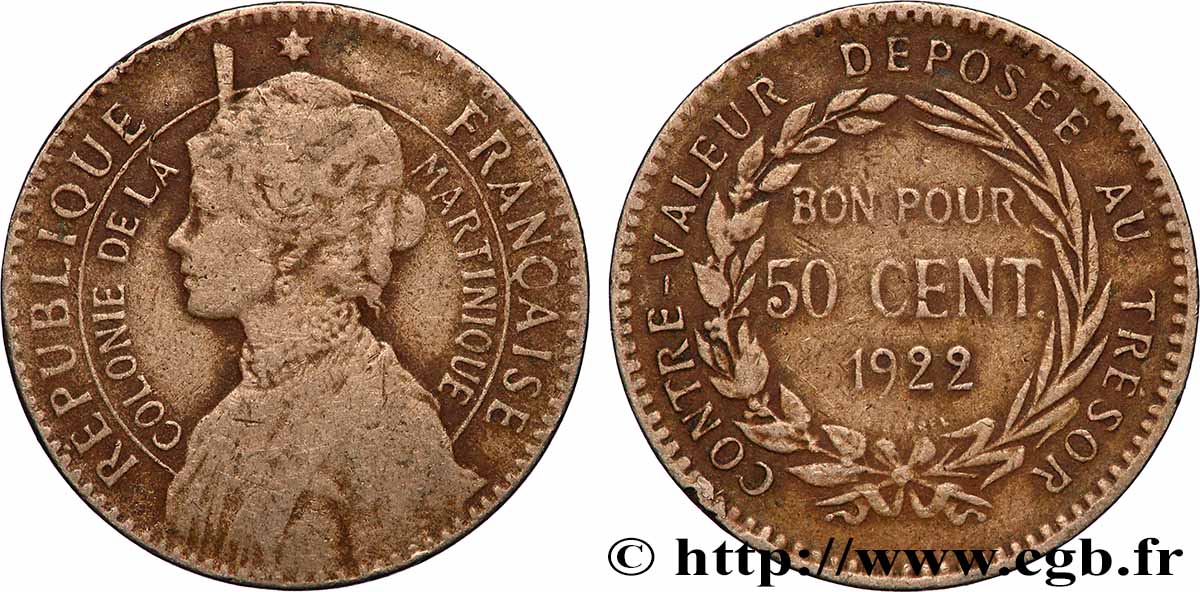 MARTINIQUE Bon pour 50 Centimes Colonie de la Martinique 1922 sans atelier VF 