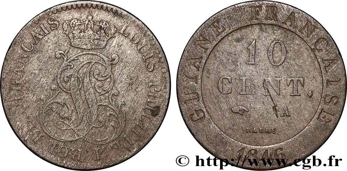 FRANZÖSISCHE-GUAYANA 10 Cent. (imes) monogramme de Louis-Philippe 1846 Paris S 