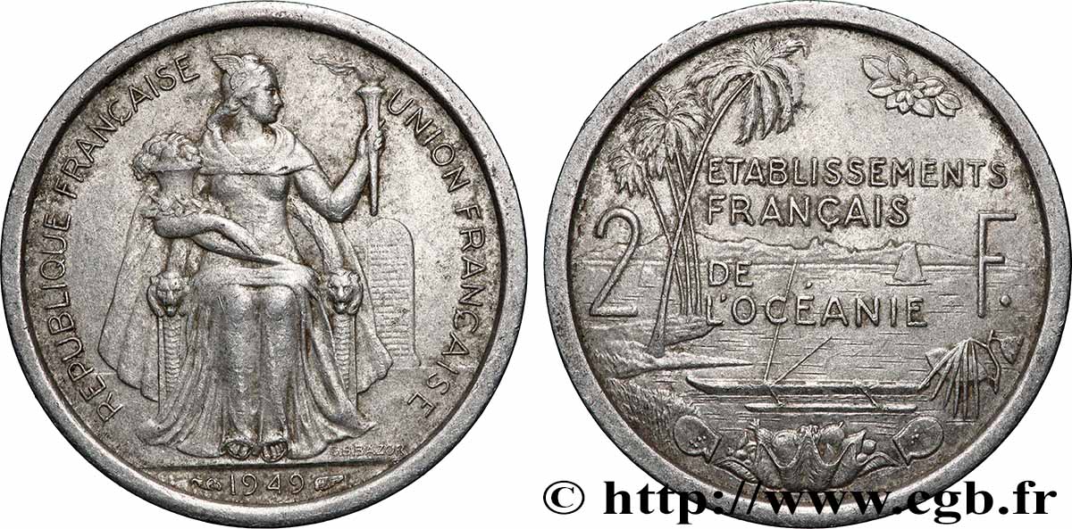 FRENCH POLYNESIA - French Oceania 2 Francs Union Française 1949 Paris XF 
