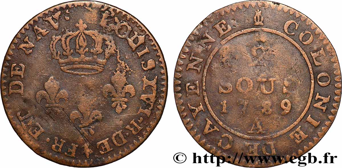 FRENCH GUYANA 2 Sous colonie de Cayenne 2e type 1789 Paris - A VF 
