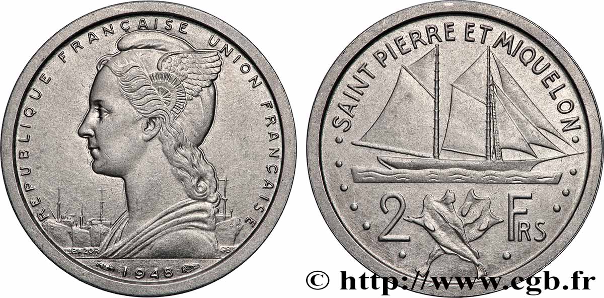 SAINT PIERRE AND MIQUELON 2 Francs Union Française 1948 Paris AU 