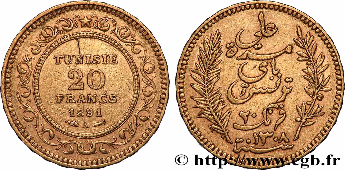 GOLD-, PALLADIUM- UND PLATIN-INVESTITIONEN 20 Francs or Bey Ali AH 1308 1891 Paris SS 