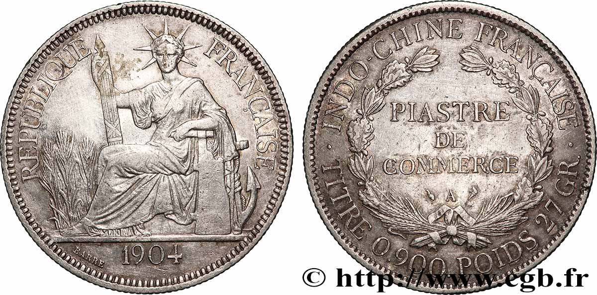 INDOCHINE FRANÇAISE 1 Piastre de Commerce 1904 Paris TTB 