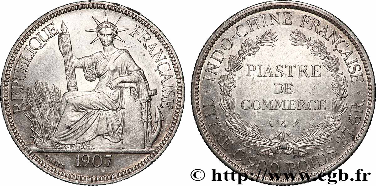 INDOCHINE FRANÇAISE 1 Piastre de Commerce 1907 Paris TTB+ 