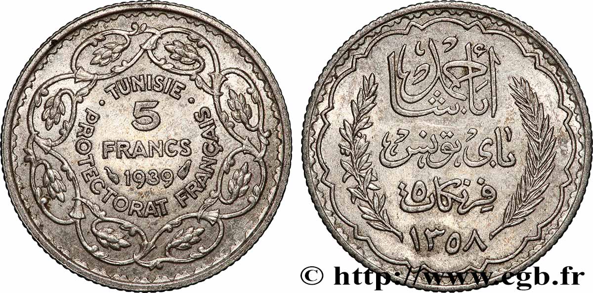 TUNESIEN - Französische Protektorate  5 Francs AH 1358 1939 Paris fVZ 
