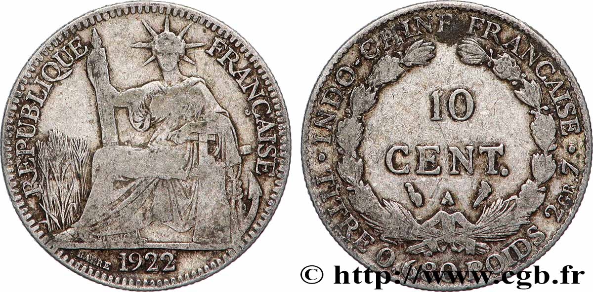 INDOCHINE FRANÇAISE 10 Centièmes 1922 Paris TB 