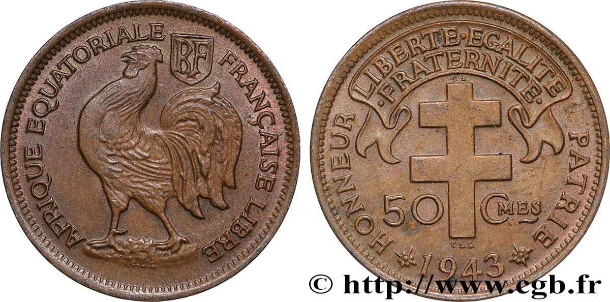 FRANZÖSISCHE EQUATORIAL AFRICA - Freie Französische Streitkräfte 50 Centimes 1943 Prétoria VZ 