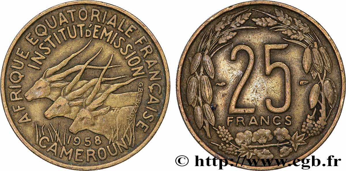 FRANZÖSISCHE EQUATORIAL AFRICA - KAMERUN 25 Francs antilopes 1958 Paris SS 