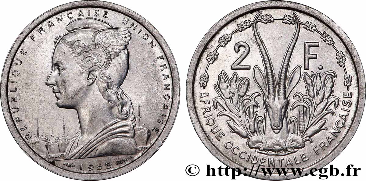 AFRICA OCCIDENTALE FRANCESE - UNION FRANCESA 2 Francs 1955 Paris SPL 