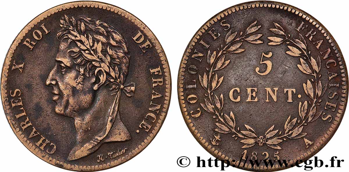 COLONIE FRANCESI - Carlo X, per Guyana e Senegal 5 Centimes Charles X 1825 Paris - A q.BB 